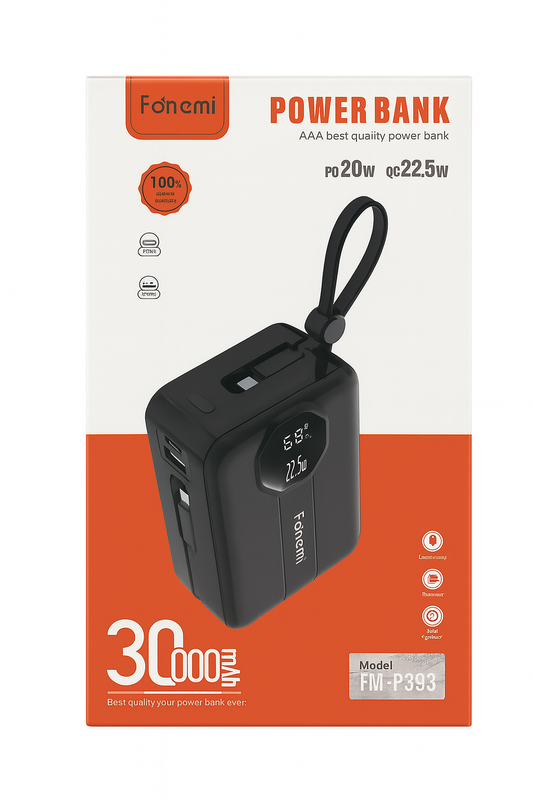 Batterie Externe Fonemi 30 000 mAh – Charge Rapide 22.5W, Ports USB & Type-C, Affichage LED
